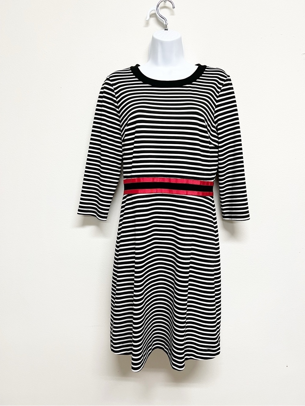 Draper James Womens Black White Striped Red Ribbon Detail Prelsey Ponte Dress